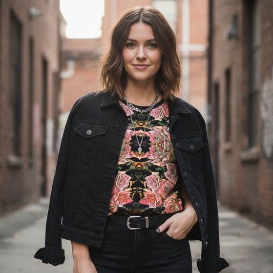 Estampados florales: Roses 06-01 Camiseta con cuello redondo de diseñador para mujer 