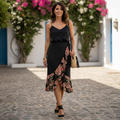 Floral Embosses: Roses 06-01 Designer Ruffle Wrap Midi Skirt