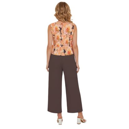 Back view of the Apricot Bloom Essential set showing the modest scoop neck and tailored fit of the floral top and flowing deep espresso brown pants. 
