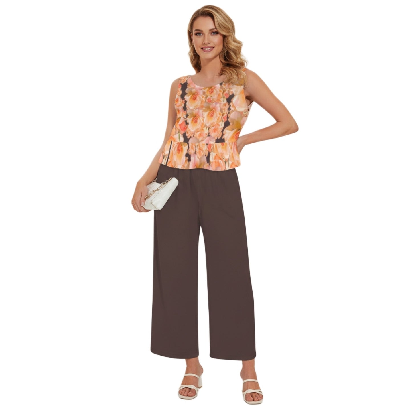 Woman wearting TimeReproofPortraits Apricot Bloom Essential outfit featuring a floral apricot peplum top and deep espresso brown wide-leg pants. 