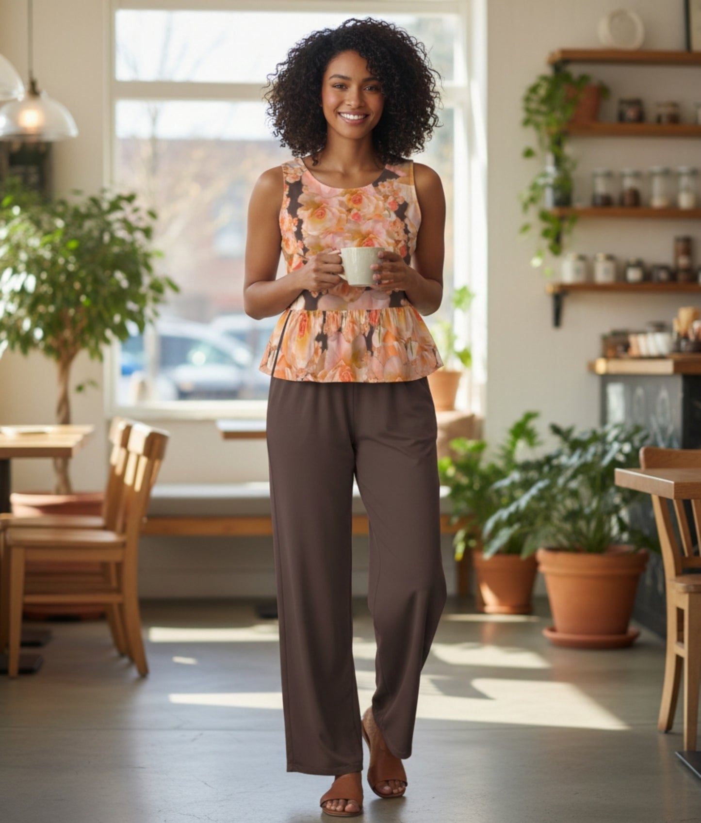 Floral Embosses: Roses 03-02 "Apricot Bloom Essential" Peplum Tank & Wide Leg Pants Set