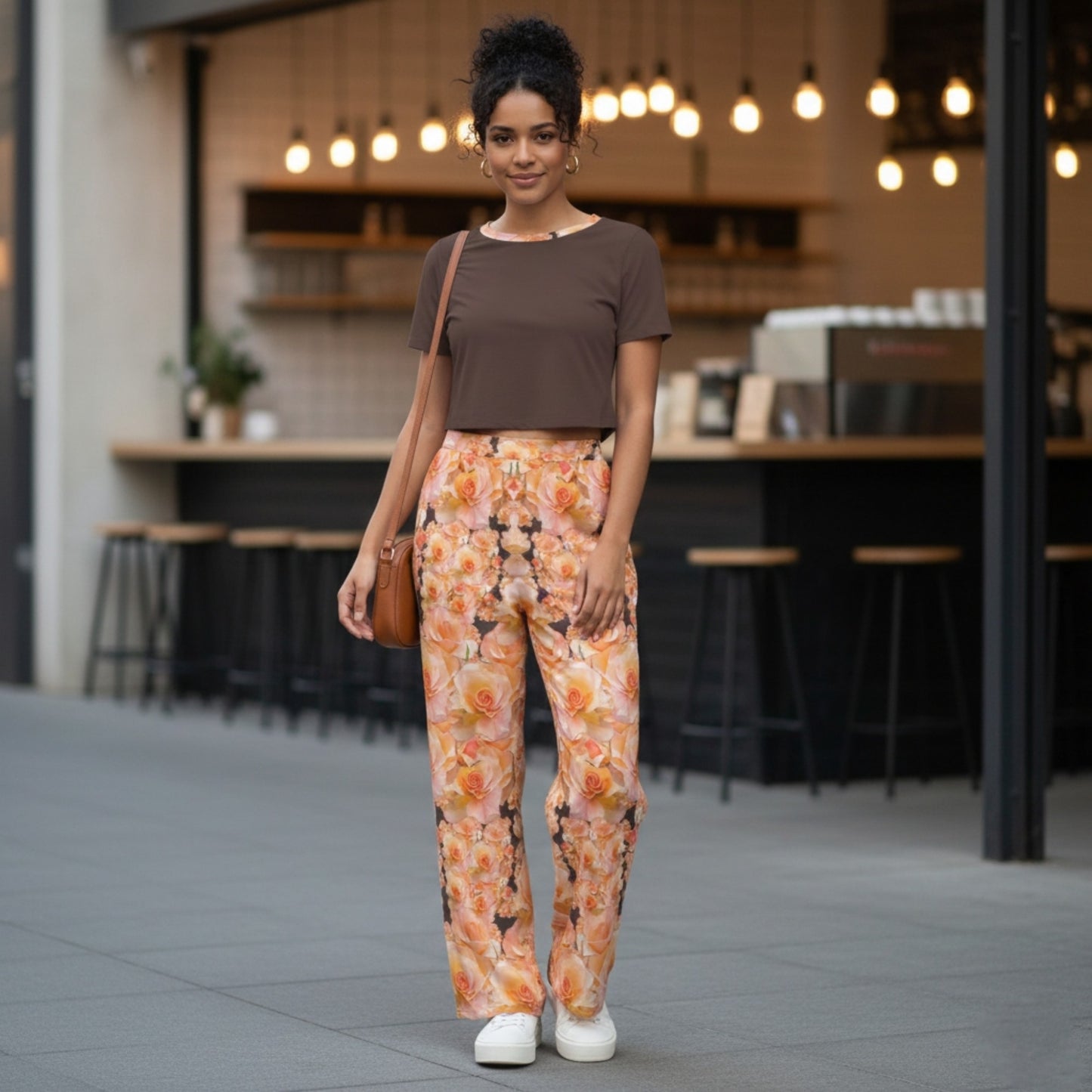 Women staning in an urban cafe setting wearing the Apricot Bloom Essential outfit: a midnight espresso brown short-sleeve crop top and high-waisted wide-leg trousers featuring a vibrant apricot and peach rose photographic print.