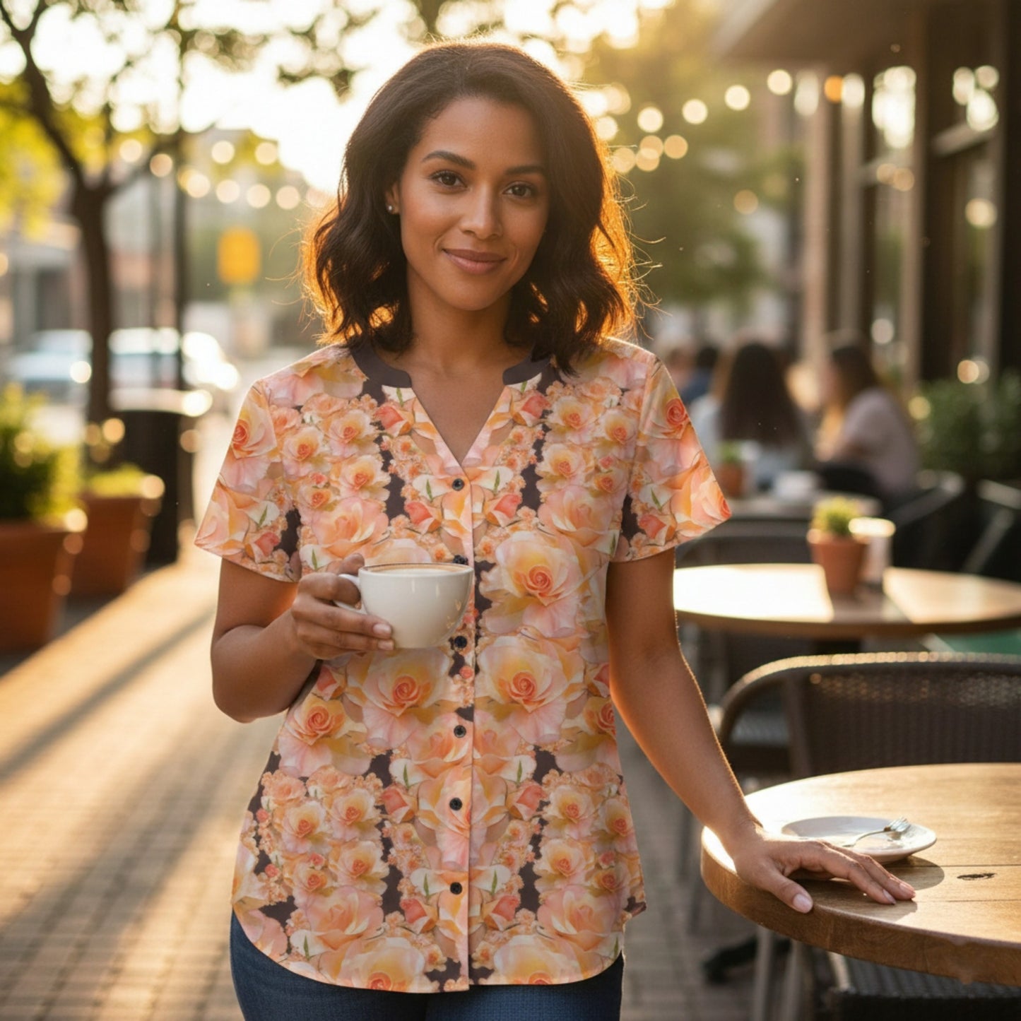 A woman standing at an outdoor café wearing the TimeReproofPortraits Apricot Bloom Essential blouse, featuring a mirrored pattern of apricot and cream tea roses with a dark charcoal V-neck collar.