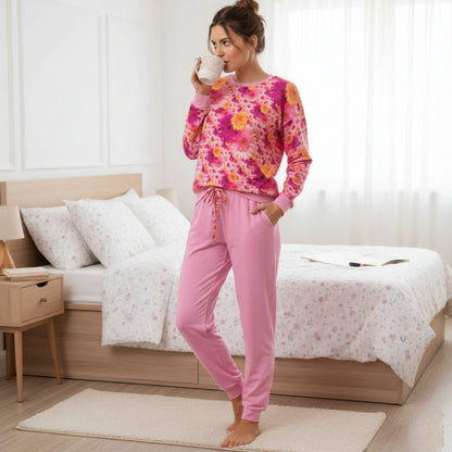 TRP Floral Print 06: Gerbera Daisies Designer Long Sleeve Leg Binding Pocket Pajama Pants Set