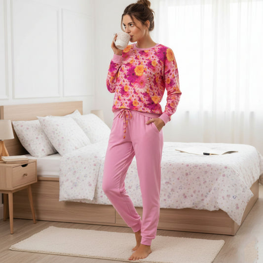 TRP Floral Print 06: Gerbera Daisies Designer Long Sleeve Leg Binding Pocket Pajama Pants Set