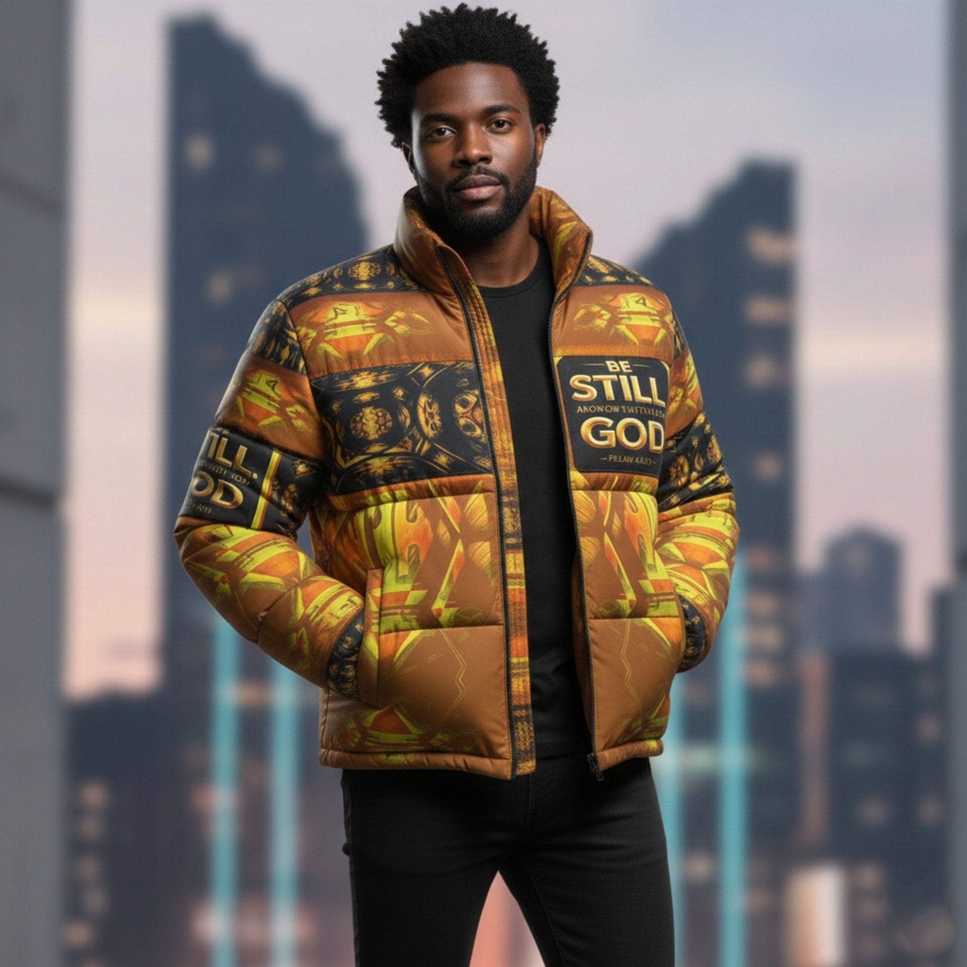 Black man in a puffer jacket with gold/brown geometric patterns and "BE STILL AND KNOW THAT I AM GOD" text. Blurred city skyline background.