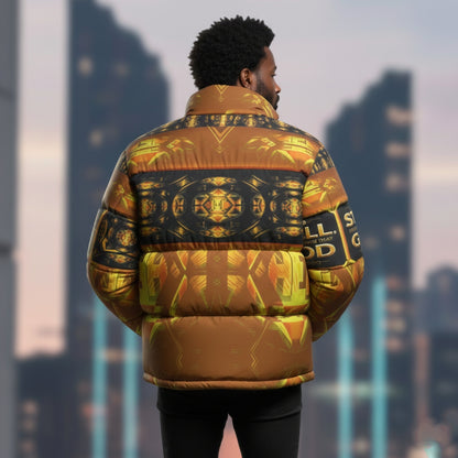 Rear view of a man in a patterned puffer jacket featuring gold geometric designs and scripture text on the sleeves. Blurred city skyline background.