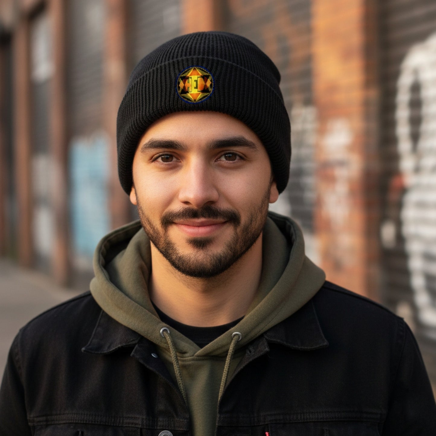 A man with a beard and mustache wearing a black beanie with a colorful logo, a green hoodie, and a black jacket in front of a brick wall.