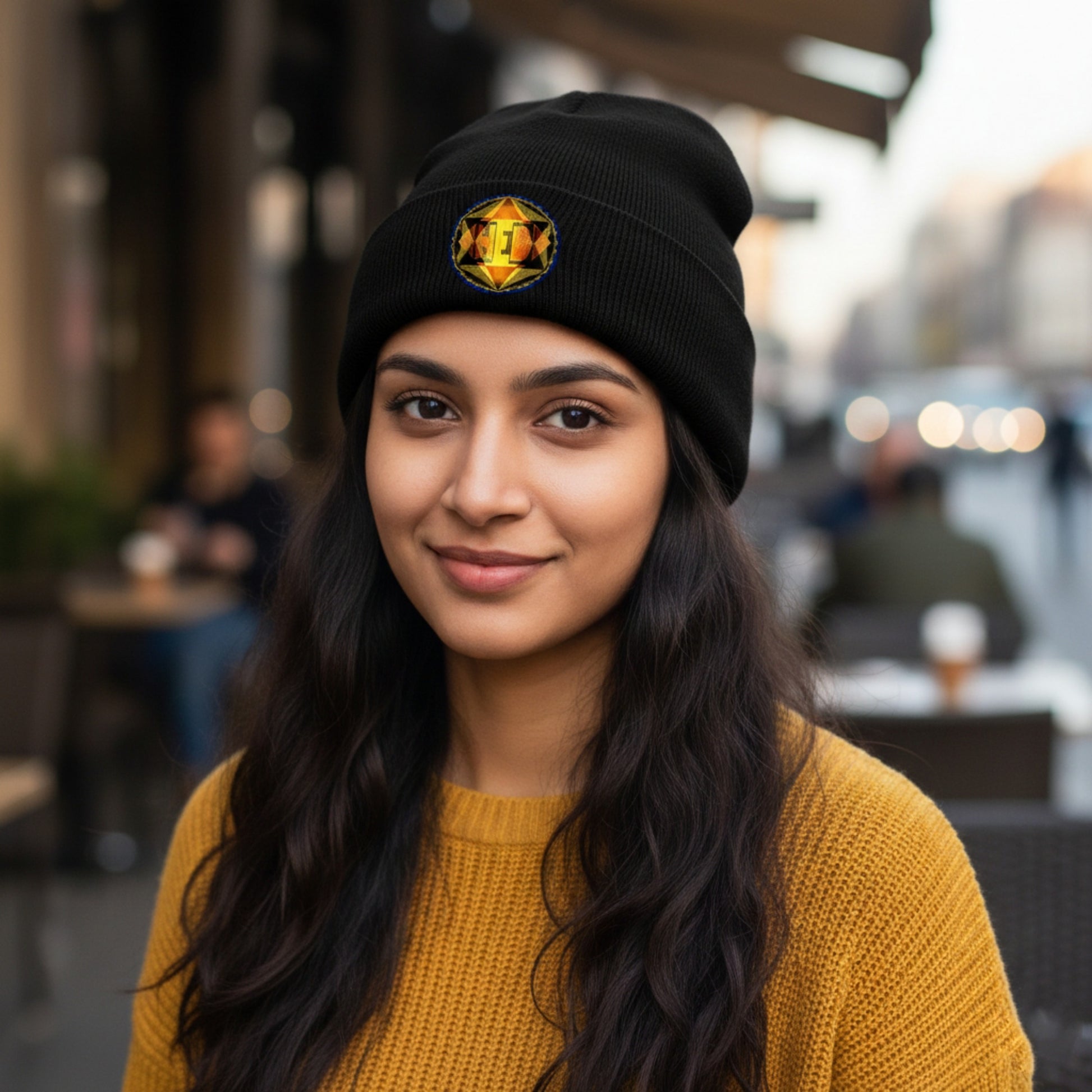 A woman with long wavy dark hair wearing a yellow sweater and a black beanie with a circular graphic patch, smiling in a blurred outdoor cafe setting.
