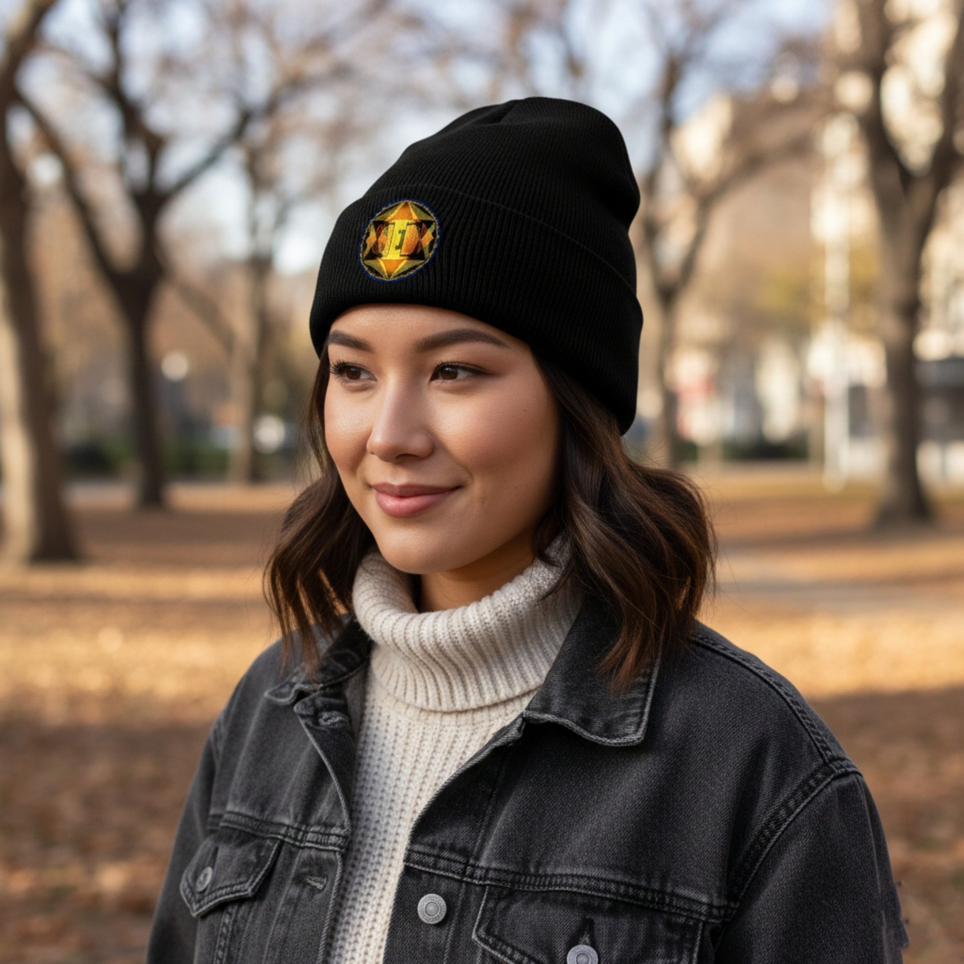 A woman in a black denim jacket and turtleneck smiles in a park, wearing a black beanie featuring a gold and black geometric emblem on the front.