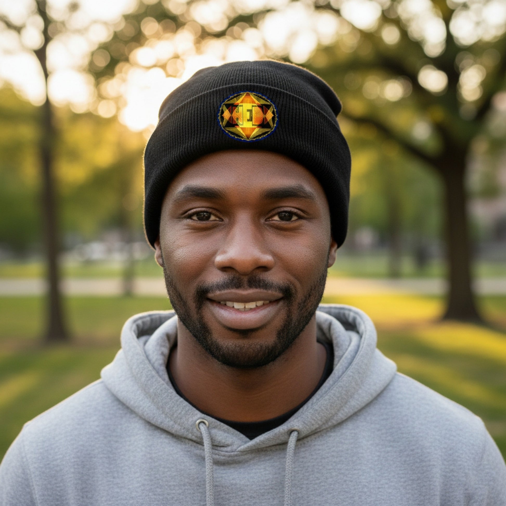 A portrait of a smiling Black man in a gray hoodie and black beanie with a geometric logo, standing in a sunlit park with blurred trees in the background.