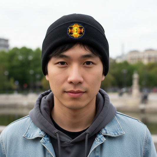 A medium shot of a young East Asian man wearing a black beanie with a circular graphic, a grey hoodie, and a denim jacket, set against a soft bokeh city background.