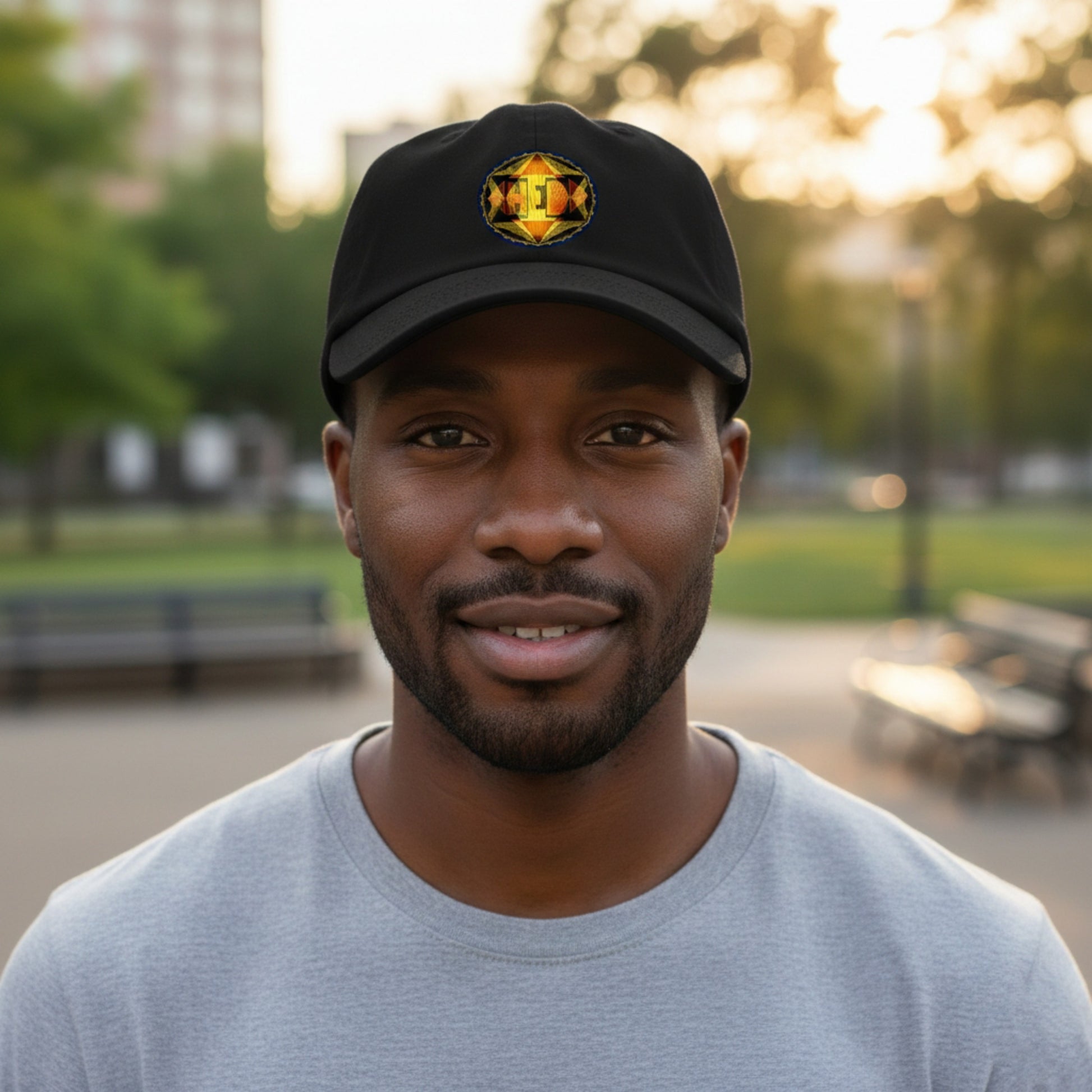 A smiling Black man in a park wearing a grey t-shirt and a black baseball cap with a circular, gold geometric logo. Soft sunset lighting in the background.
