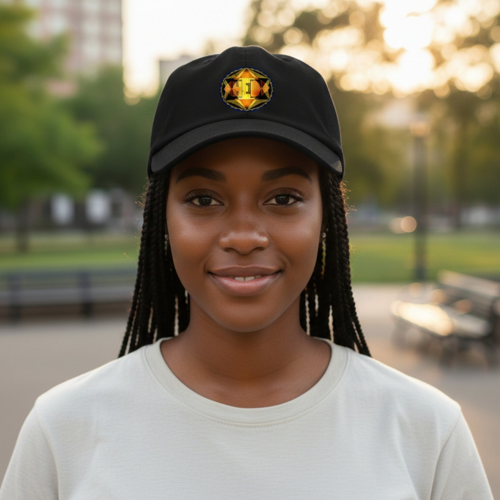 A young woman with long black braids and a friendly smile, wearing a black baseball cap with a gold logo and a light-colored t-shirt in a sunlit park.