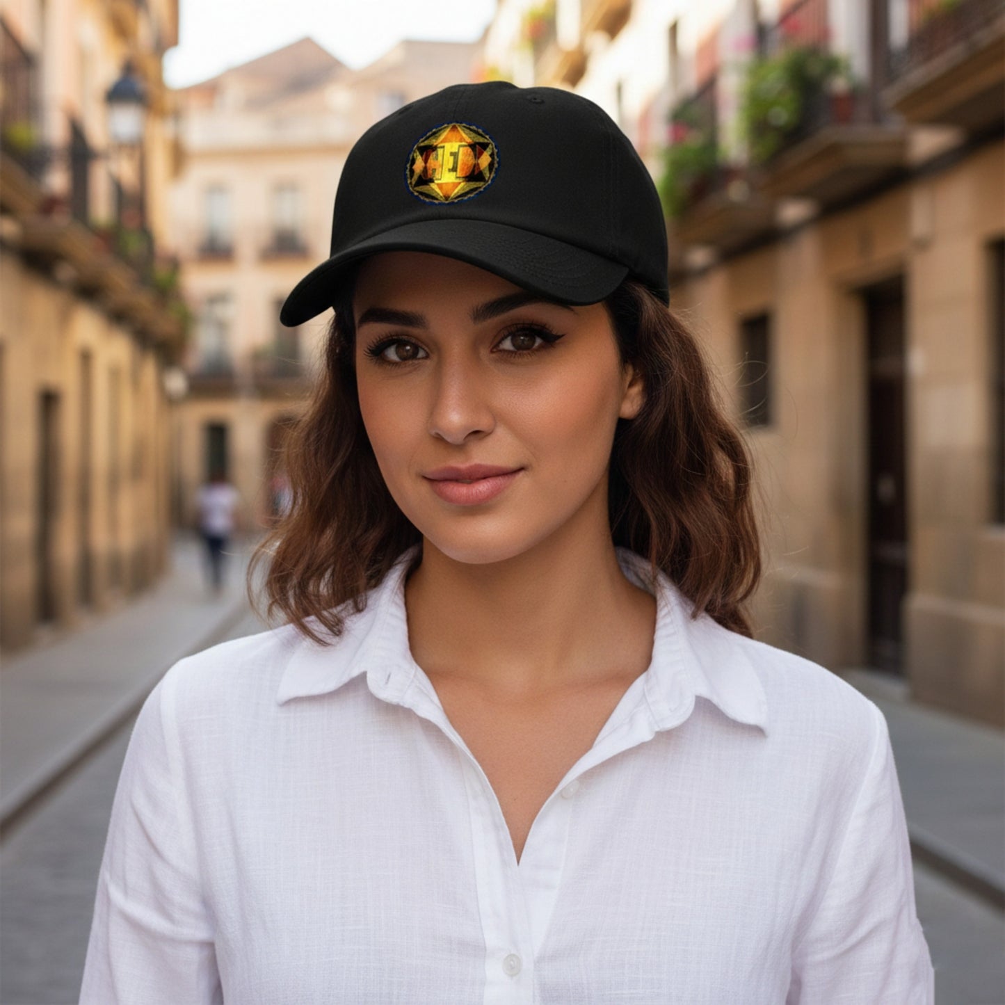 A woman with brown wavy hair wearing a black baseball cap with a geometric logo and a white button-down shirt, standing on a narrow, sunlit European street.