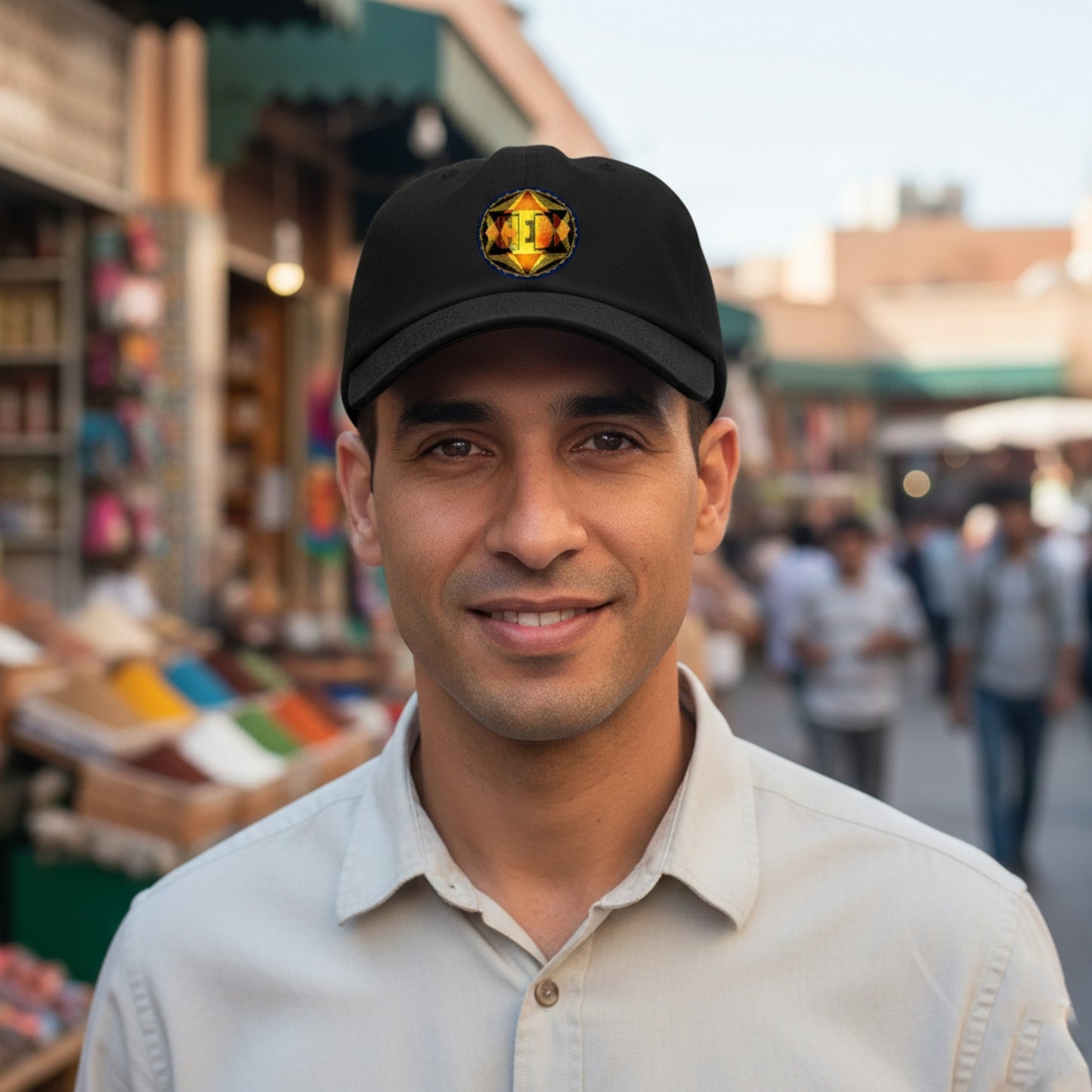A close-up portrait of a smiling man wearing a black baseball cap with a geometric logo, standing in a blurred outdoor marketplace with colorful stalls.