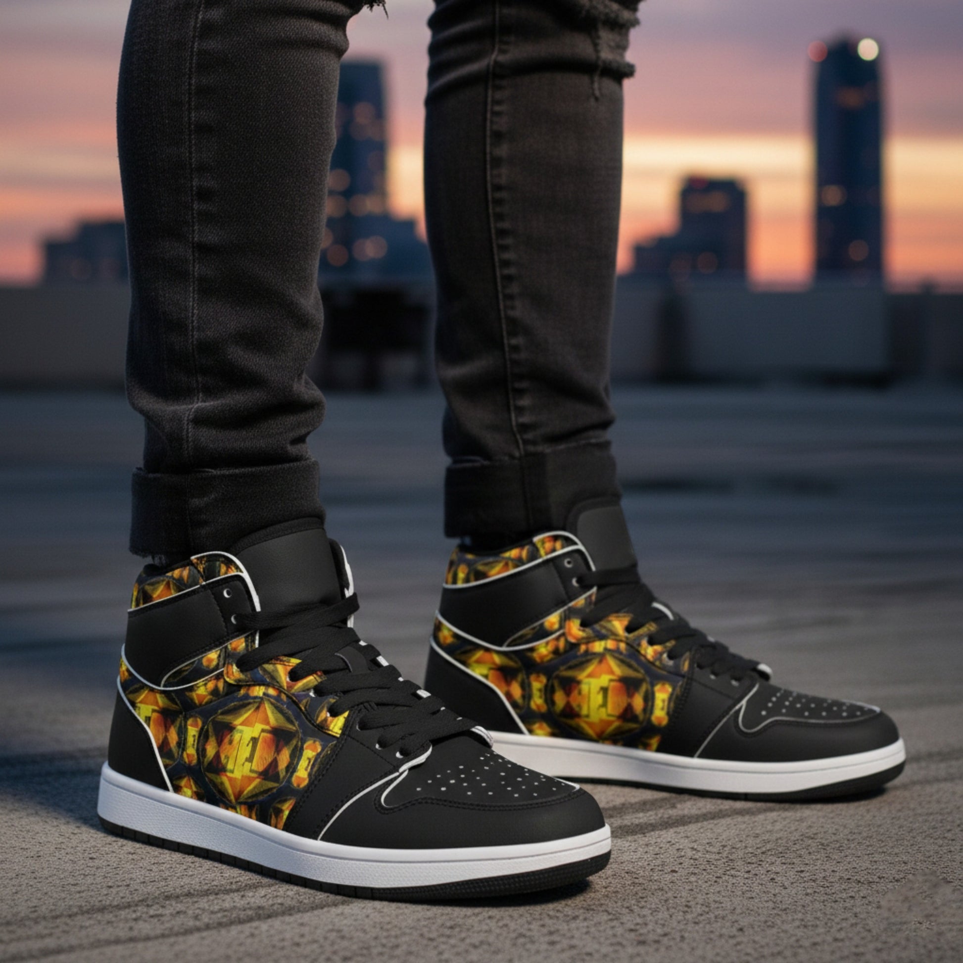 Custom black high-tops with a gold geometric pattern, white midsoles, and black leather-style toe caps. Modern streetwear worn with dark jeans at sunset.