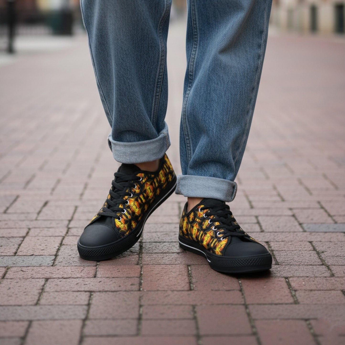 Low-angle shot of a person wearing cuffed blue jeans and black canvas sneakers featuring a vibrant orange and yellow flame pattern, standing on a brick walkway.