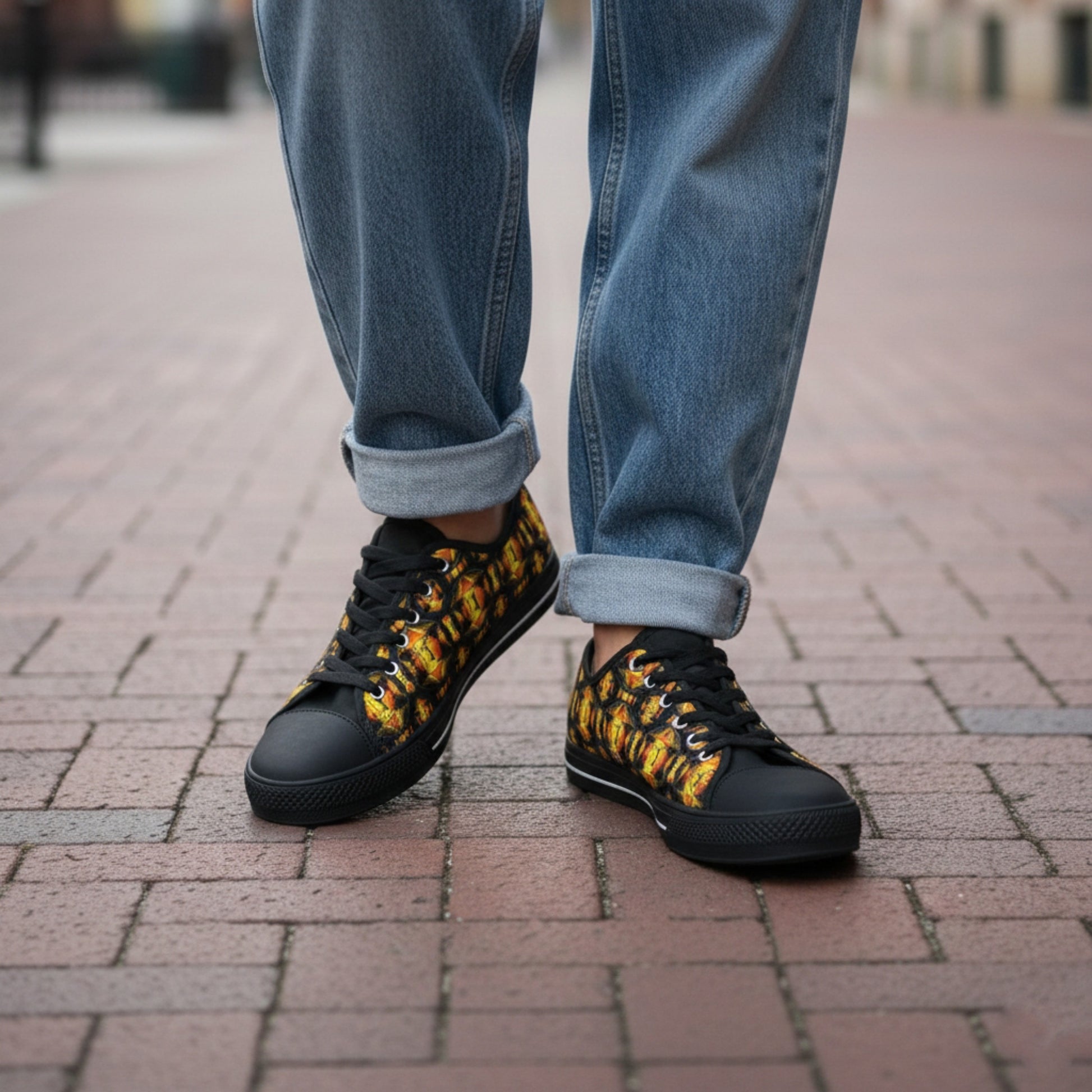 Low-angle shot of a person wearing cuffed blue jeans and black canvas sneakers featuring a vibrant orange and yellow flame pattern, standing on a brick walkway.