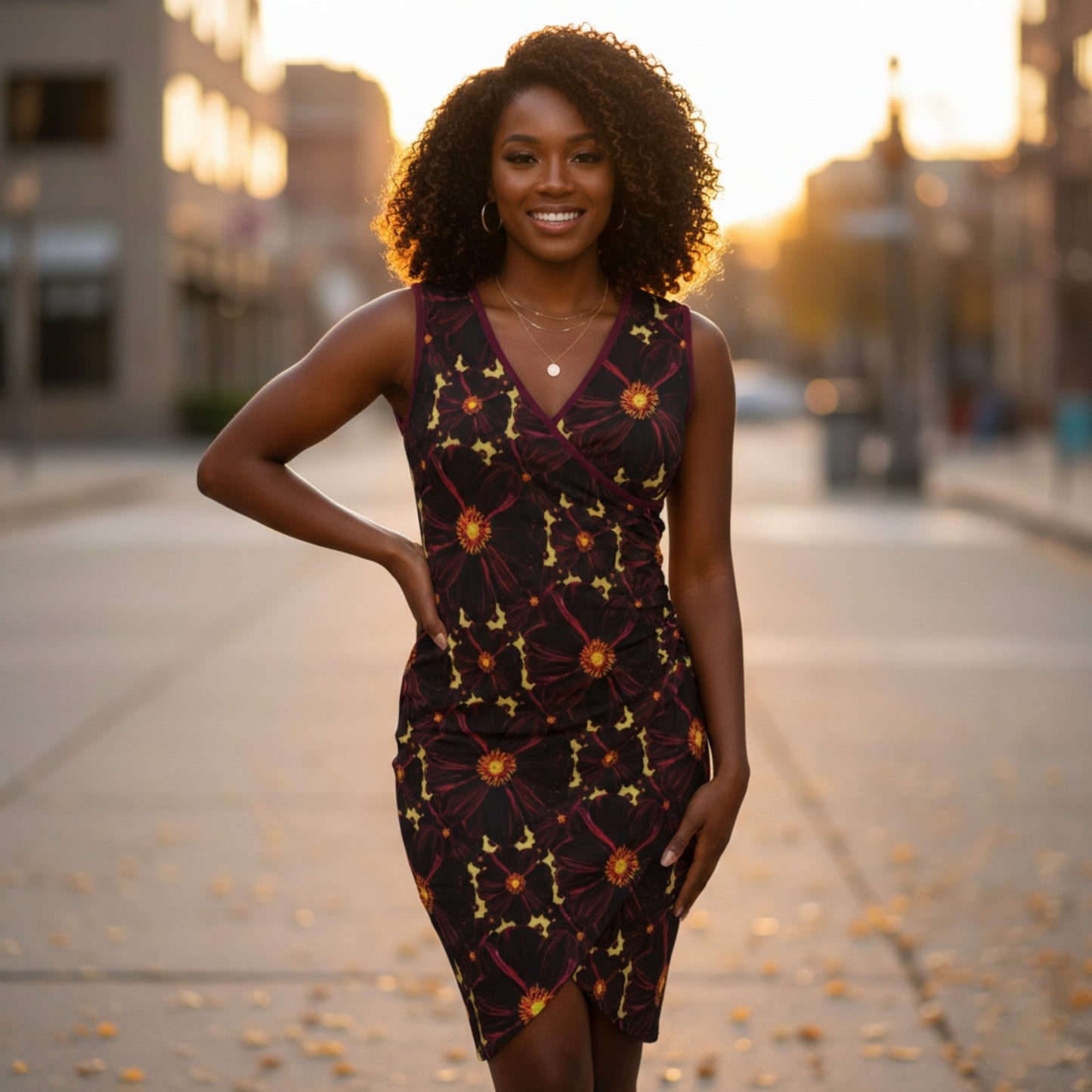 A smiling woman with curly hair wears a floral v-neck wrap dress, posing on a sunlit city street at sunset.