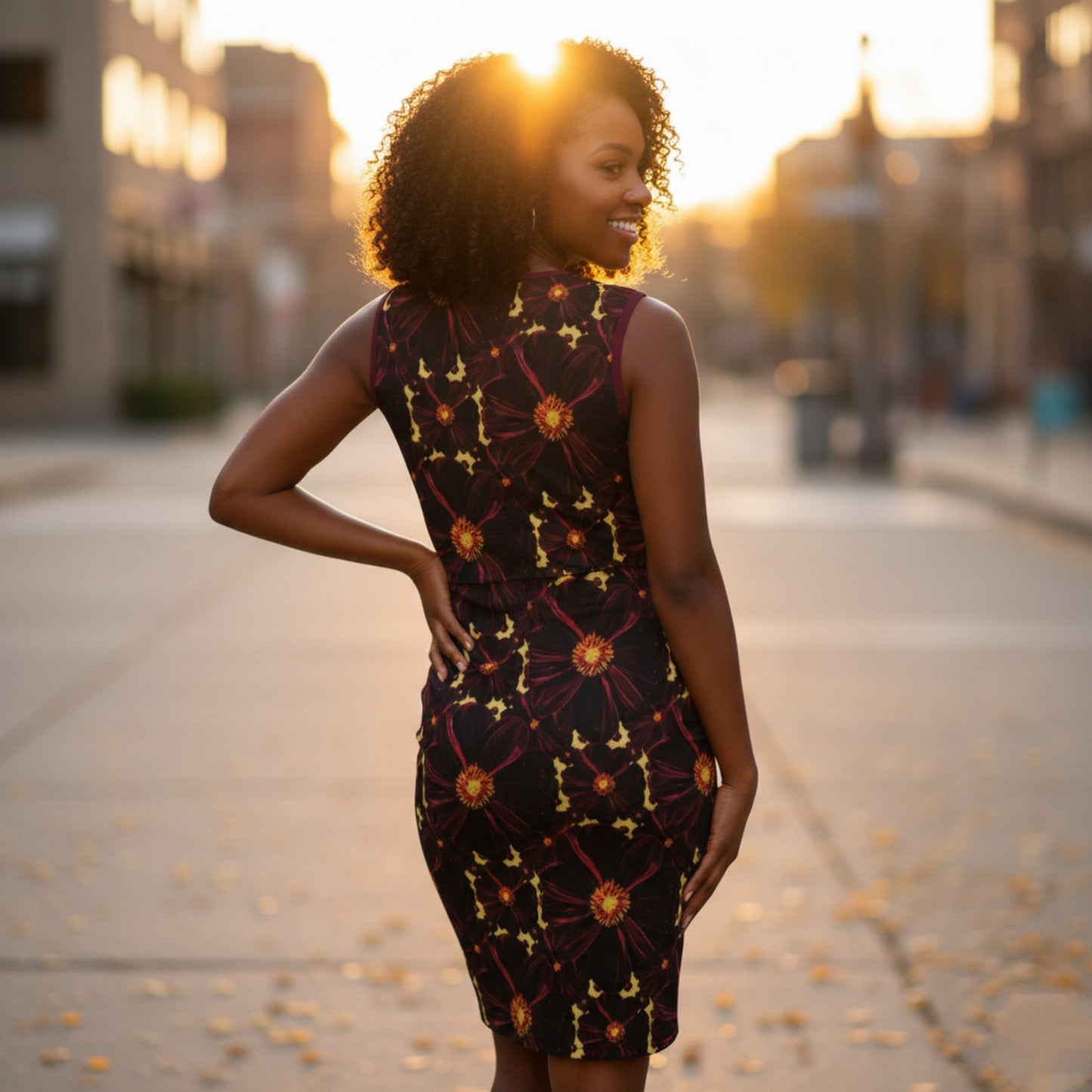 Rear view of a woman in a floral sleeveless dress, looking over her shoulder on a golden-hour city street.