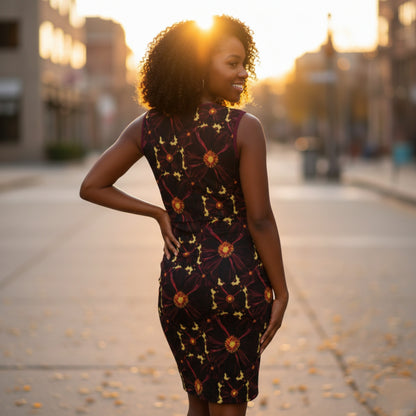 Rear view of a woman in a floral sleeveless dress, looking over her shoulder on a golden-hour city street.