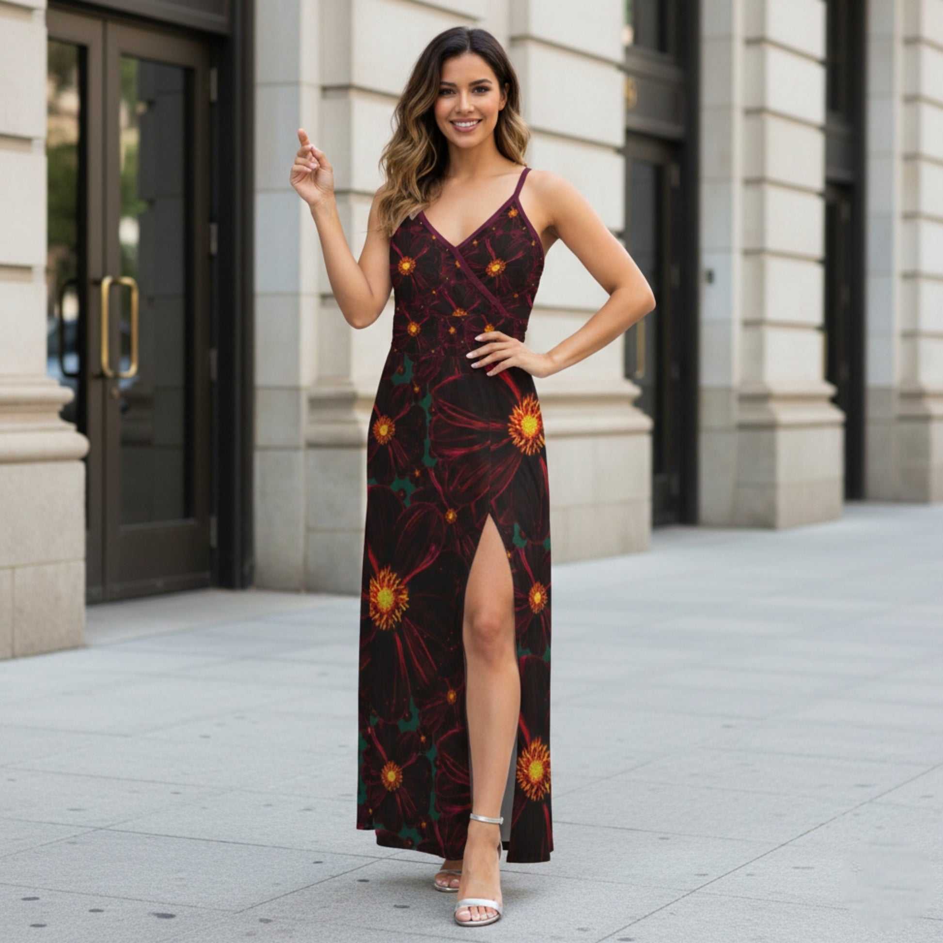A woman wears a floral maxi dress with a thigh-high slit and spaghetti straps while posing on a city sidewalk in front of a stone building.