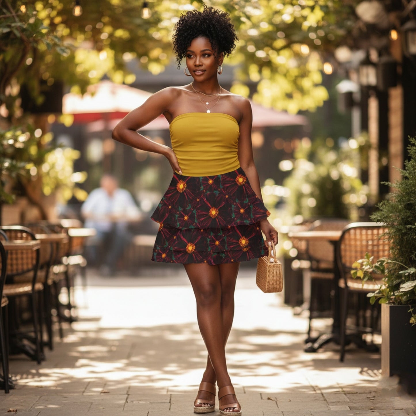 A woman in a yellow tube top and floral tiered skirt stands in a sunlit outdoor café, holding a small straw bag.