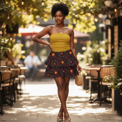 A woman in a yellow tube top and floral tiered skirt stands in a sunlit outdoor café, holding a small straw bag.