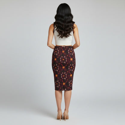 Back view of a woman with long wavy hair wearing a white crop top and floral midi skirt. 