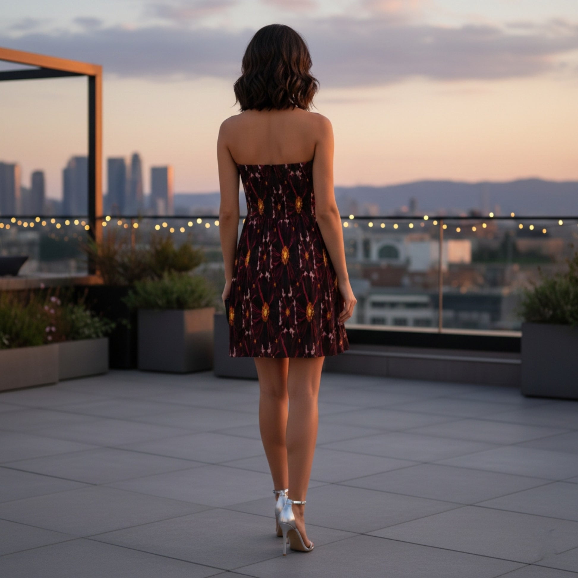 Back view of a woman in a floral strapless dress on a rooftop patio at dusk with city lights behind.