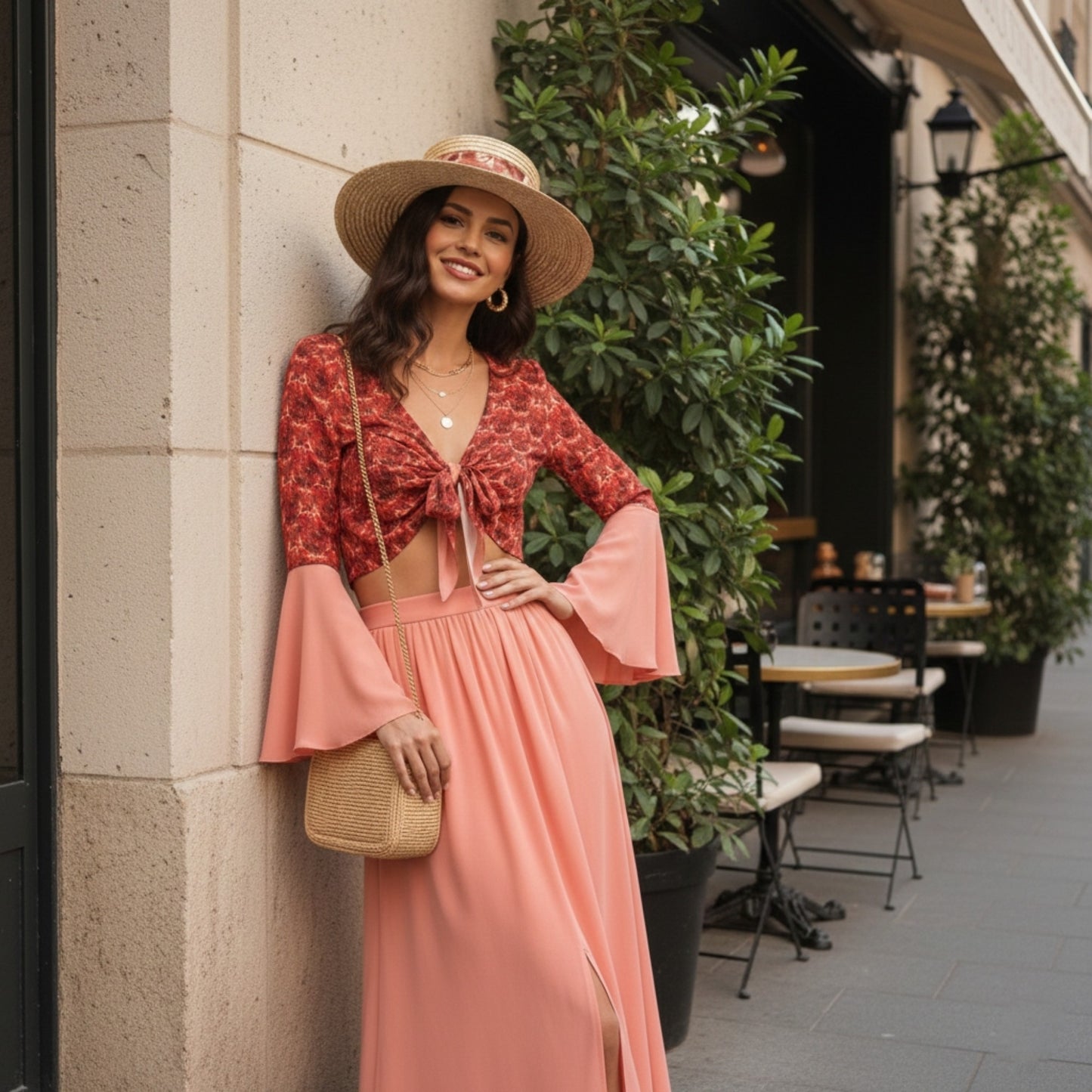 Floral Embosses: Roses 02-01 Tie-front Bell Sleeve Blouse