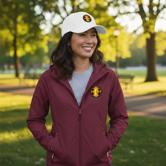 A smiling woman in a park wearing a maroon jacket and a white baseball cap, both featuring a circular geometric logo. 