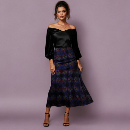 Floral Embosses: Roses 01 Designer A-line Pleated Midi Skirt