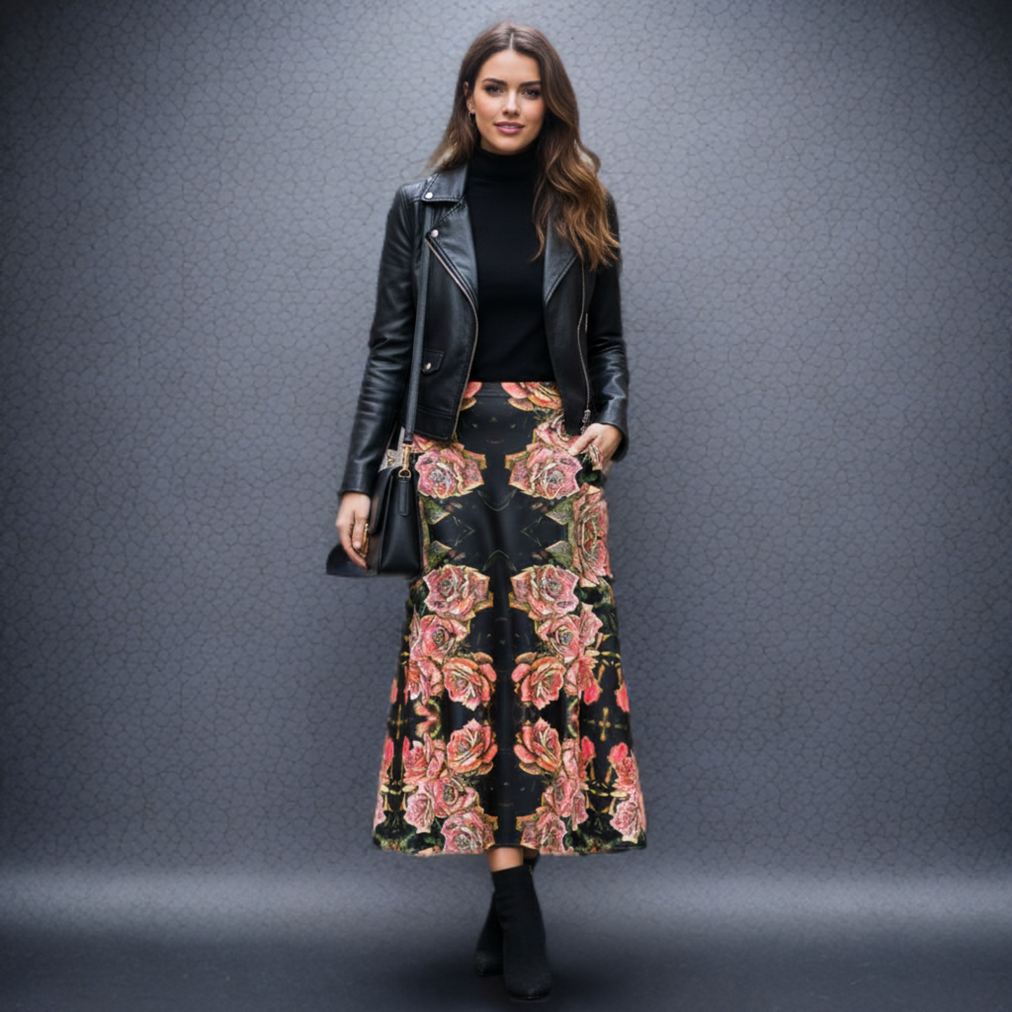 Floral Embosses: Roses 06-01 Designer A-line Pleated Midi Skirt