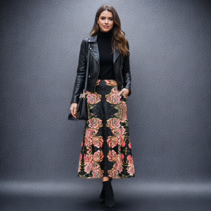 Floral Embosses: Roses 06-01 Designer A-line Pleated Midi Skirt