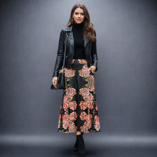 Floral Embosses: Roses 06-01 Designer A-line Pleated Midi Skirt