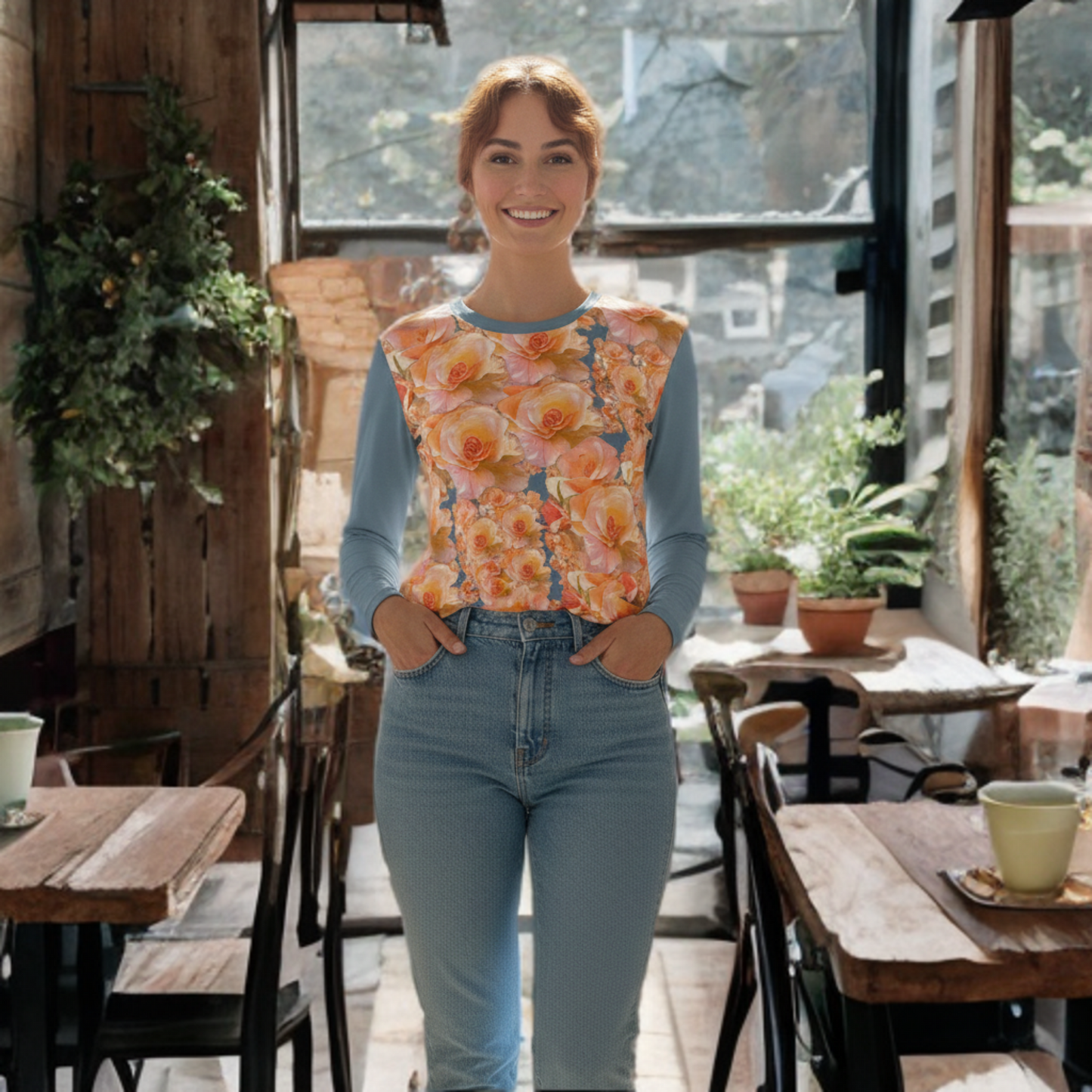 Front view of TimeReproofPortraits Apricot Bloom Essential long-sleeve shirt featuring a dense patterned women's top, modest floral graphic apparel. 