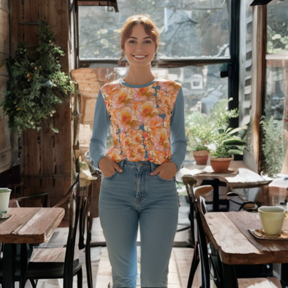 Front view of TimeReproofPortraits Apricot Bloom Essential long-sleeve shirt featuring a dense patterned women's top, modest floral graphic apparel. 