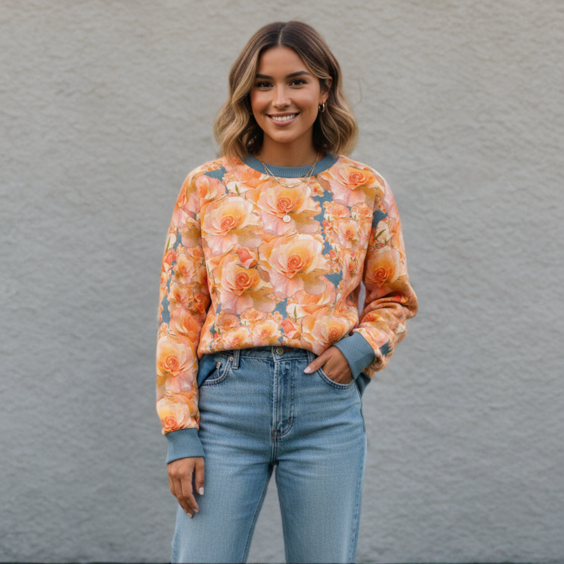 A medium shot of a smiling woman with wavy blonde hair facing the camera, wearing the Apricot Bloom Essential Sweatshirt. She is posed against a textured blue wall, wearing light-wash denim jeans with one hand in her pocket. The sweatshirt features the vibrant all-over apricot rose pattern and slate blue ribbed trim at the neck and cuffs.