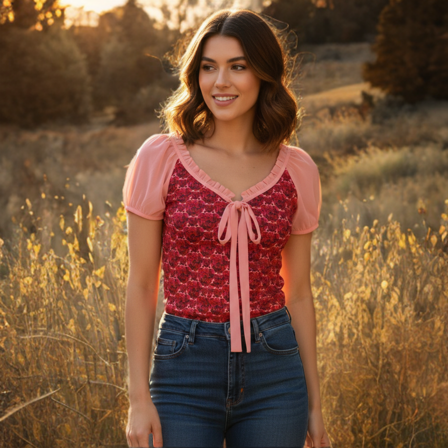 A women's bohemian-style blouse featuring a red rose floral pattern on the bodice and soft peach-colored puff sleeves. The top includes a sweetheart neckline with a ruffled trim and a long, decorative peach tie-front bow.