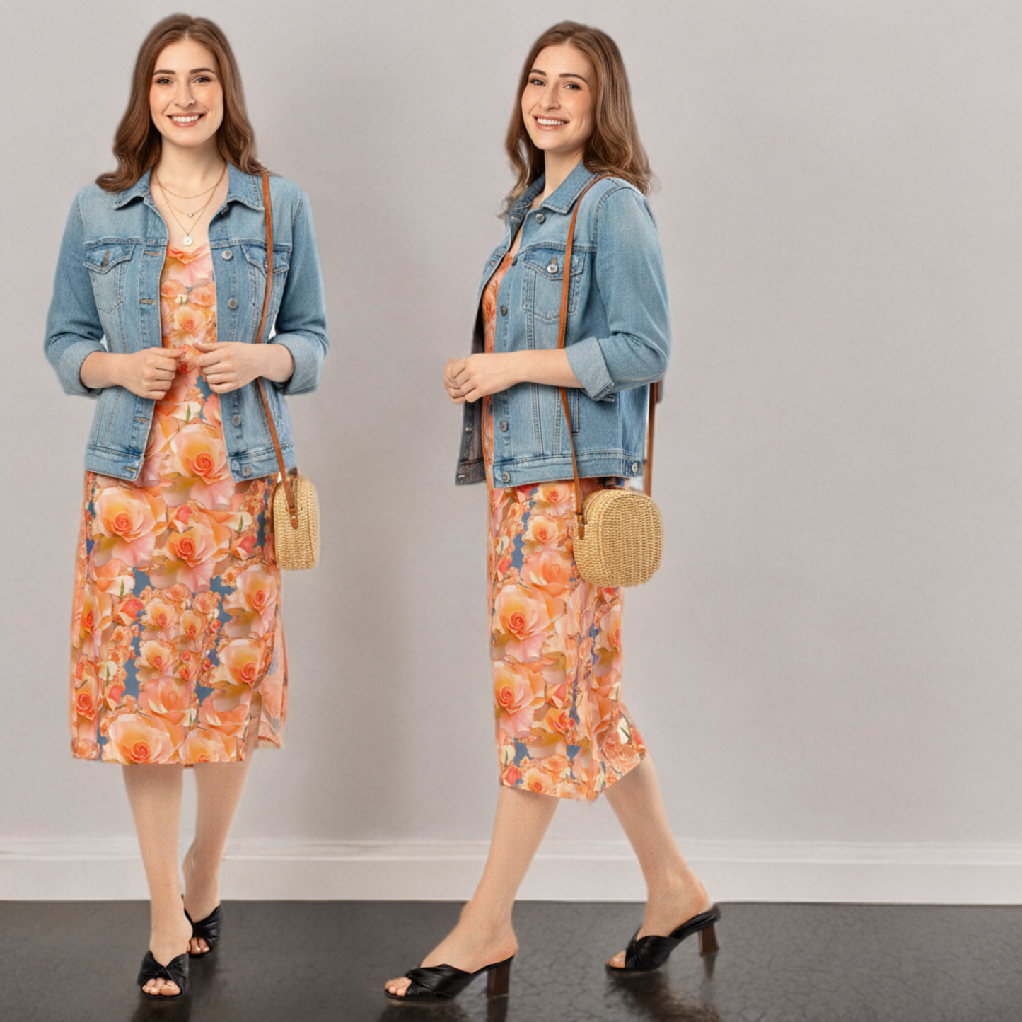 Floral Embosses: Roses 03-01 "Apricot Bloom Essential" Midi Slip Dress