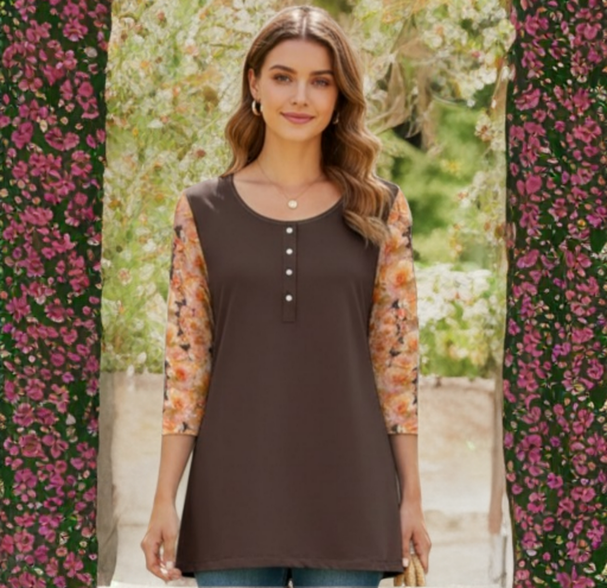 A woman with long wavy brown hair stands centered against a soft-focus garden backdrop. She is wearing a chocolate brown, long-line tunic featuring a round neckline with a short button-down placket and three-quarter length floral print sleeves in shades of peach and orange.