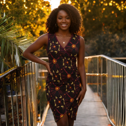 Smiling woman with curly hair in a floral wrap dress posing on a bridge at sunset, with golden light filtering through trees behind her.