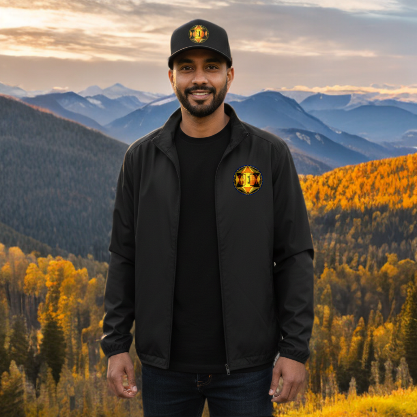 A smiling man wears a black zip-up jacket and matching baseball cap with a gold geometric log, standing against a scenic mountain and autumn forest backdrop.