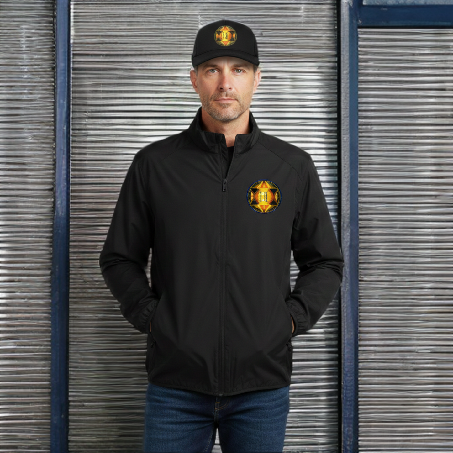 Man in a black jacket and baseball cap, both featuring a circular geometric gold logo, standing against a corrugated metal background. 