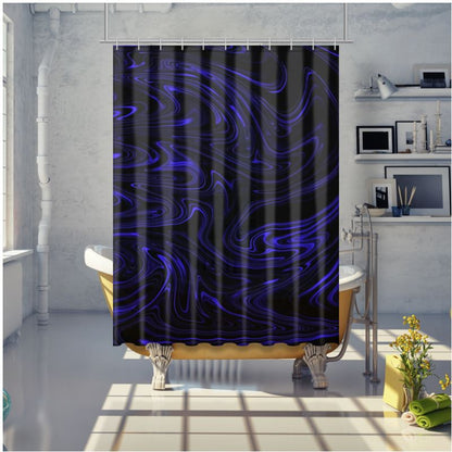 Angled lifestyle shot of the Cobalt Heavenly Depths shower curtain, showing the fluid blue patterns draped over a gold-bottomed clawfoot bathtub.