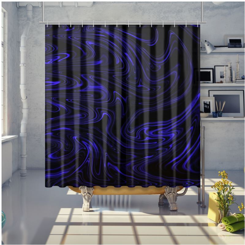 Full view of a black shower curtain featuring electric cobalt blue liquid marble swirls in a bright, modern bathroom with a vintage clawfoot tub.