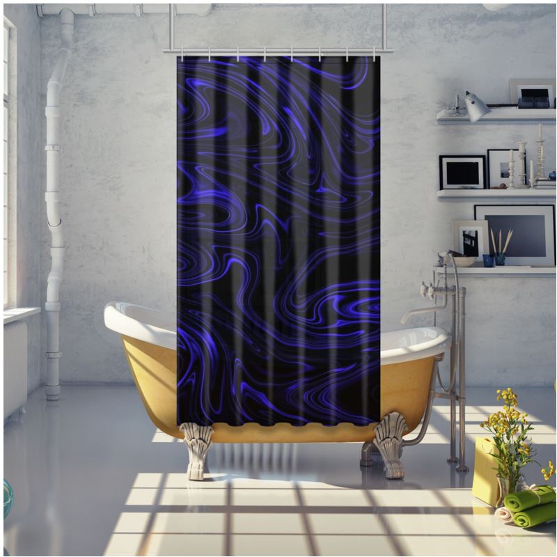 Interior bathroom view showcasing the Cobalt Heavenly Depths shower curtain's dark, bioluminescent-style swirls against white industrial-style walls.