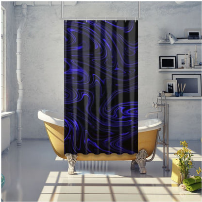 Interior bathroom view showcasing the Cobalt Heavenly Depths shower curtain's dark, bioluminescent-style swirls against white industrial-style walls.